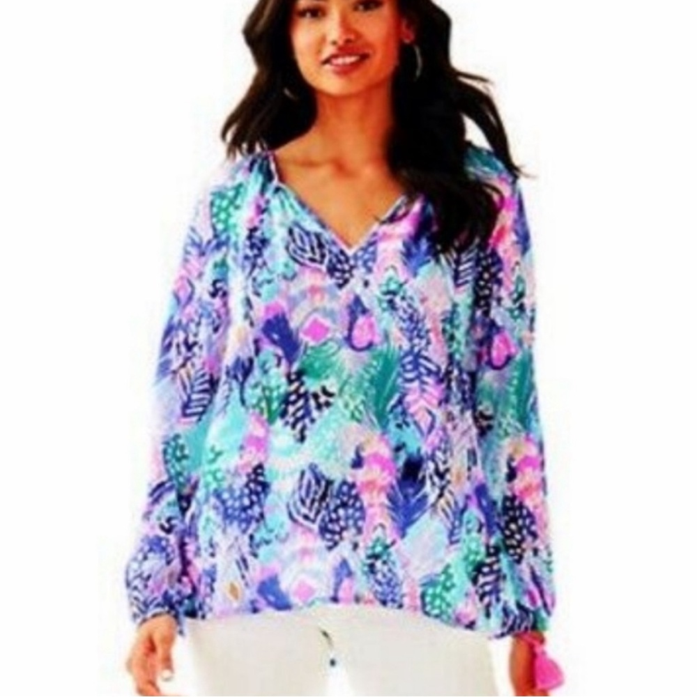 Lilly Pulitzer Willa Top Gold Metallic Quill Out Long Sleeve Medium Blouse